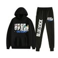 thumbnail image 1 of Duoxingbao  Blue lock anime-style hooded sweatshirt set with buckle design, top + trousers, black children's clothing., 1 of 5