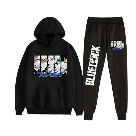 Duoxingbao  Blue lock anime-style hooded sweatshirt set with buckle design, top   trousers, black children's clothing.