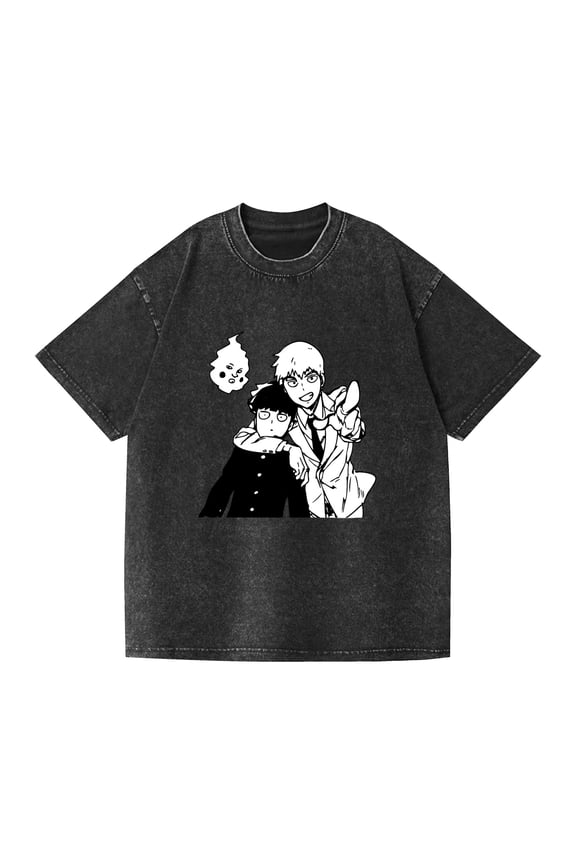 Cross-border washed T-shirt anime Mob Psycho 100 casual cotton summer short-sleeved men and women