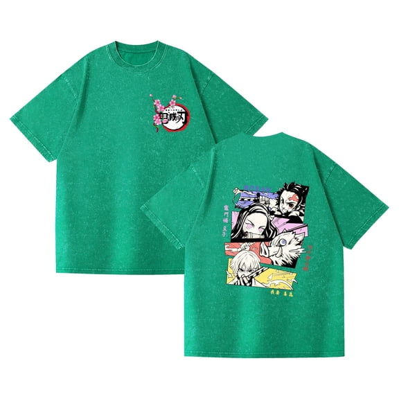 Duoxingbao  Cross-border washed retro T-shirt street hip-hop anime Demon Slayer casual cotton summer short sleeve