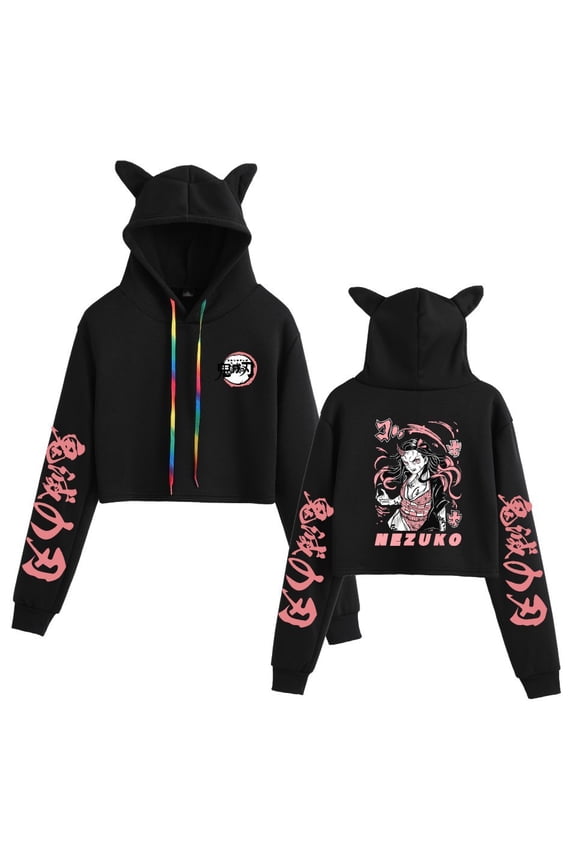 Demon Slayer Harajuku Street Anime Print Girl Cat Ears Cropped Sweatshirt