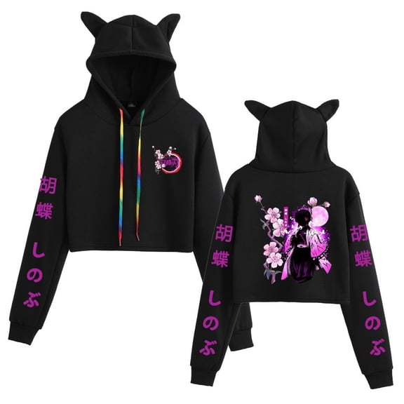Duoxingbao  Demon Slayer Harajuku Street Anime Print Girl Cat Ears Cropped Sweatshirt