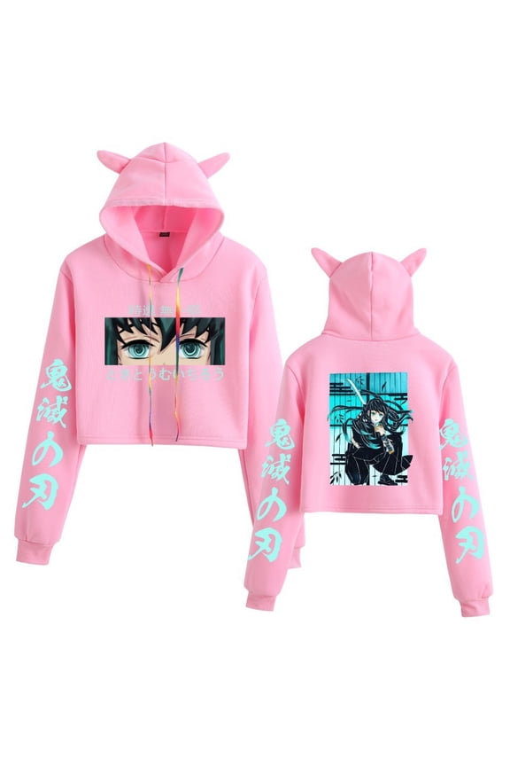 Demon Slayer Harajuku Street Anime Print Girl Cat Ears Cropped Sweatshirt