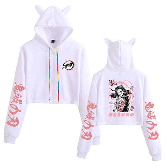 Duoxingbao  Demon Slayer Harajuku Street Anime Print Girl Cat Ears Cropped Sweatshirt