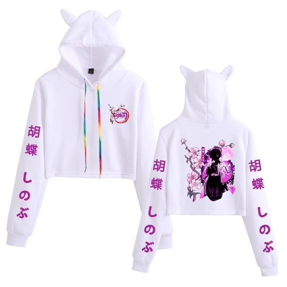 Duoxingbao  Demon Slayer Harajuku Street Anime Print Girl Cat Ears Cropped Sweatshirt