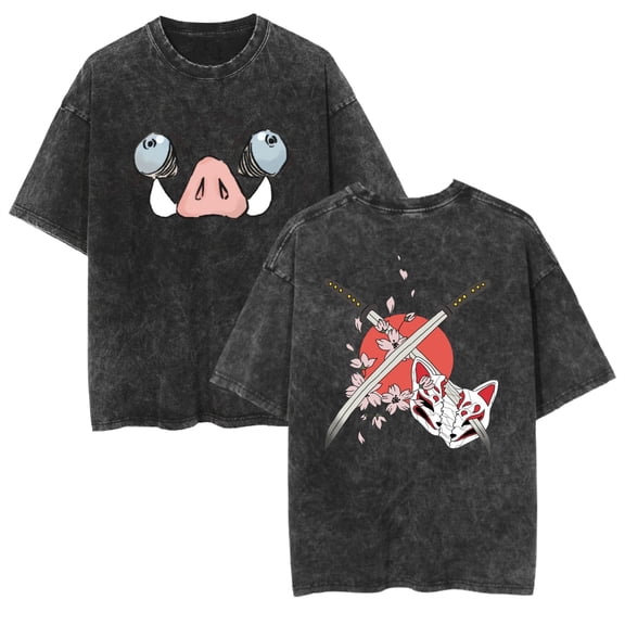 Duoxingbao  Demon Slayer Print Hot Selling Washed Short-Sleeve Loose Retro T-Shirt for Men and Women