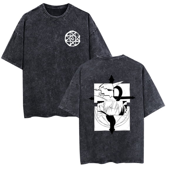 Duoxingbao Fullmetal Alchemist T-shirt Retro Washed Cotton Breathable Short Sleeve Summer Unisex