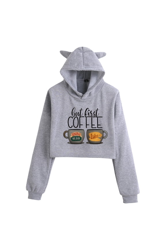 Gilmore Girls Series Printed Hooded Sweatshirt with Fleece Lining, Soft Crop Top, Short Style, Cute Cat Ear Design for Girls