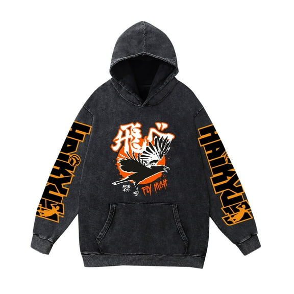 Duoxingbao Haikyuu Volleyball Boys Sweatshirt Washed Vintage Cotton Breathable Long Sleeve Hooded Unisex