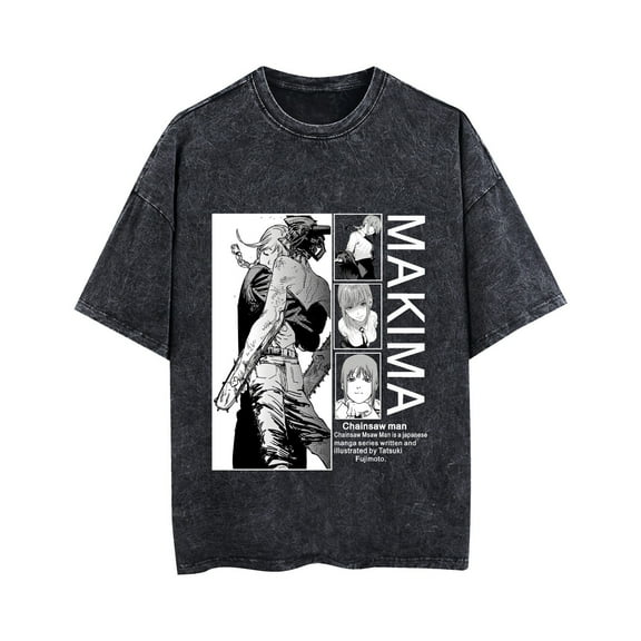 Duoxingbao  Hot Selling Distressed Washed Chainsaw Man Print Casual Cotton Summer Short-Sleeve T-Shirt