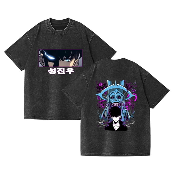 Duoxingbao  Hot Selling Solo Leveling Cotton T-Shirt New Distressed Anime Washed Short-Sleeve