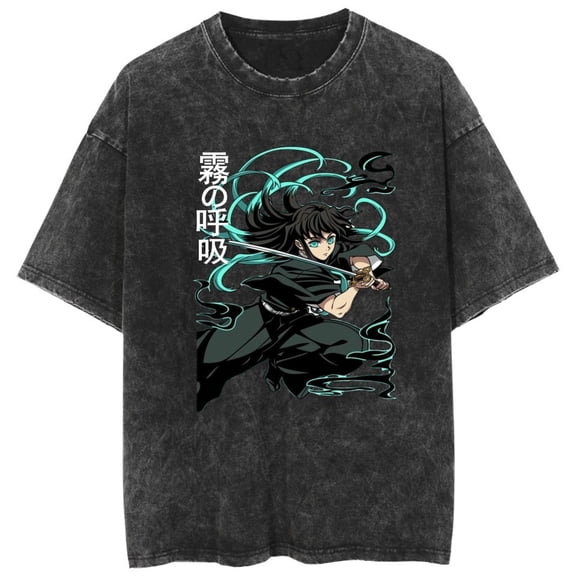Duoxingbao  Hot-selling new washed T-shirt anime Demon Slayer loose-fitting retro style unisex.