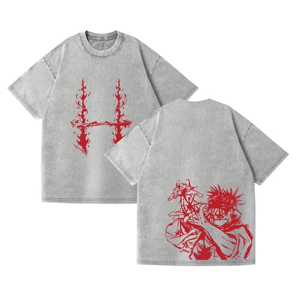 Duoxingbao  Jujutsu Kaisen Retro Washed Distressed Short-Sleeve Cotton T-Shirt for Men and Women
