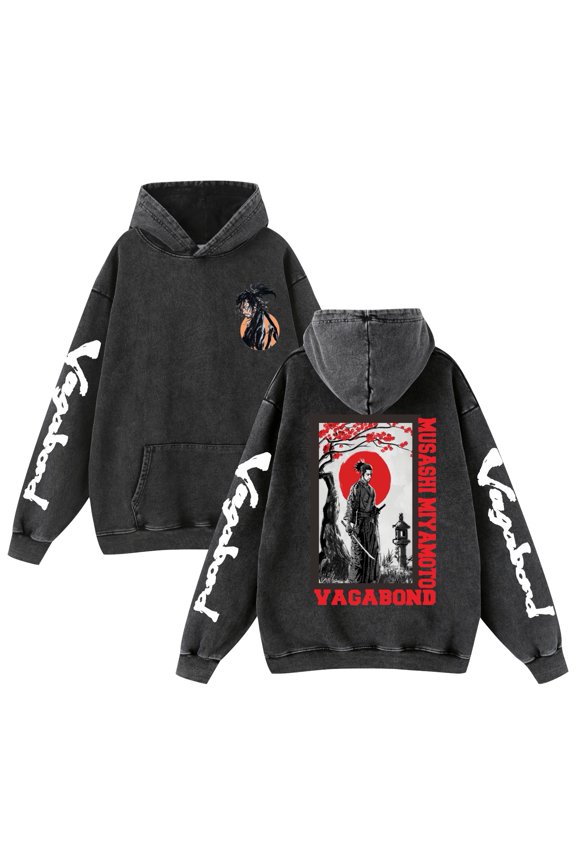 New cross-border style washed distressed retro hoodie Vagabond Miyamoto Musashi print men's sweatshirt.