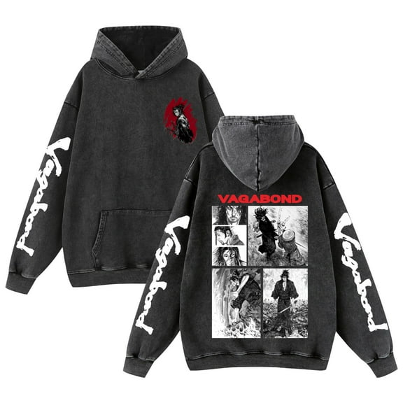 Duoxingbao  New cross-border style washed distressed retro hoodie Vagabond Miyamoto Musashi print men's sweatshirt.