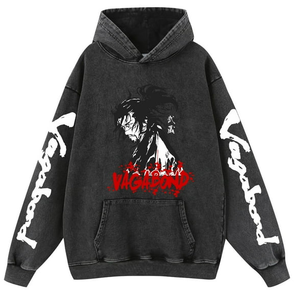 Duoxingbao  New cross-border style washed distressed retro hoodie Vagabond Miyamoto Musashi print men's sweatshirt.
