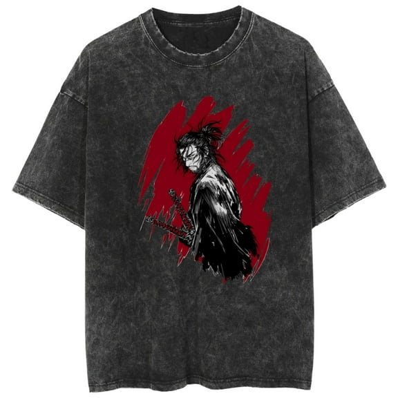 Duoxingbao  New export style washed T-shirt Vagabond Miyamoto Musashi anime loose retro T-shirt for men and women.