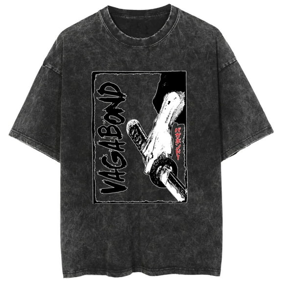 Duoxingbao New export style washed T-shirt Vagabond Miyamoto Musashi anime loose retro T-shirt for men and women.