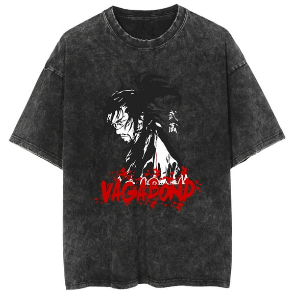 Duoxingbao  New export style washed T-shirt Vagabond Miyamoto Musashi anime loose retro T-shirt for men and women.