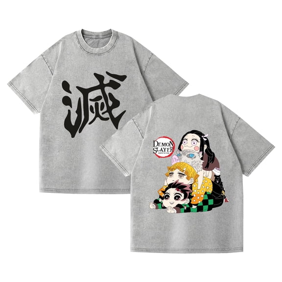 Duoxingbao  New vintage-style washed and distressed short-sleeved T-shirt from the anime series Demon Slayer made of pure cotton.