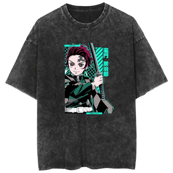 Duoxingbao New washed short-sleeved Demon Slayer print loose retro T-shirt for men and women