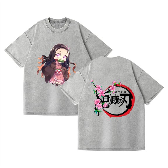 Duoxingbao  Retro cross-border washed T-shirt street hip-hop anime Demon Slayer casual cotton summer short sleeve