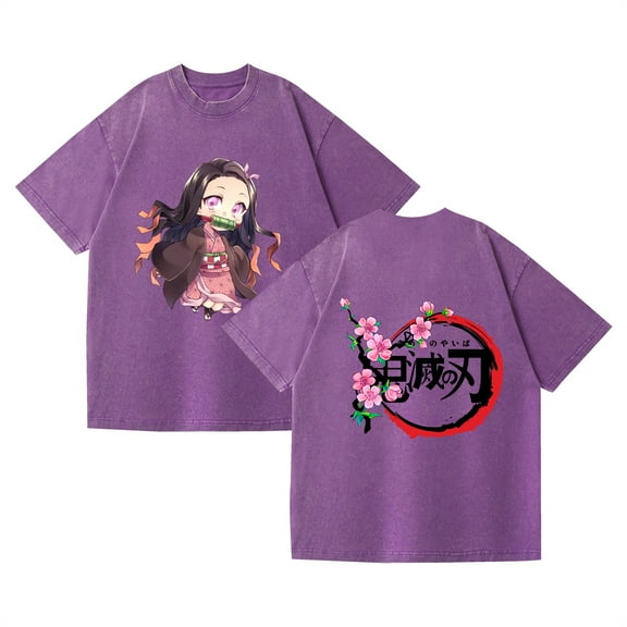 Duoxingbao  Retro cross-border washed T-shirt street hip-hop anime Demon Slayer casual cotton summer short sleeve
