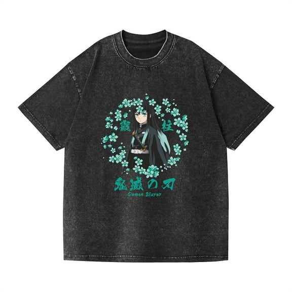 Duoxingbao  Retro washed T-shirt street hip-hop anime Demon Slayer casual cotton summer short sleeve