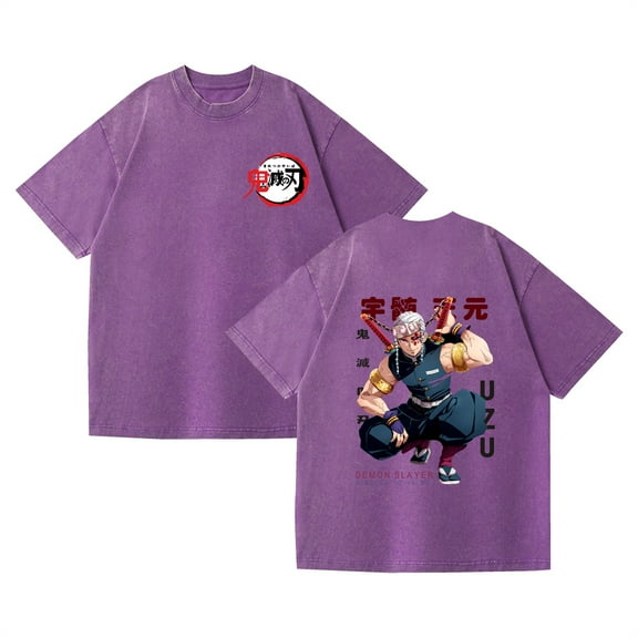 Duoxingbao  Retro washed T-shirt street hip-hop anime Demon Slayer casual cotton summer short sleeve