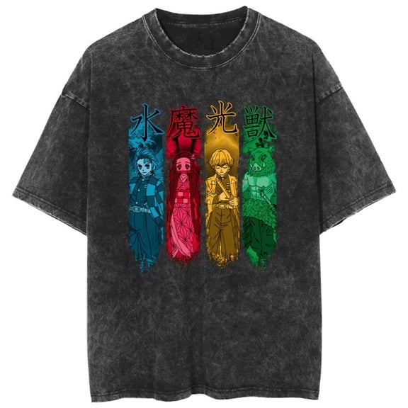 Duoxingbao  Washed Japanese retro anime Demon Slayer couple short-sleeved T-shirts cross-border sourcing