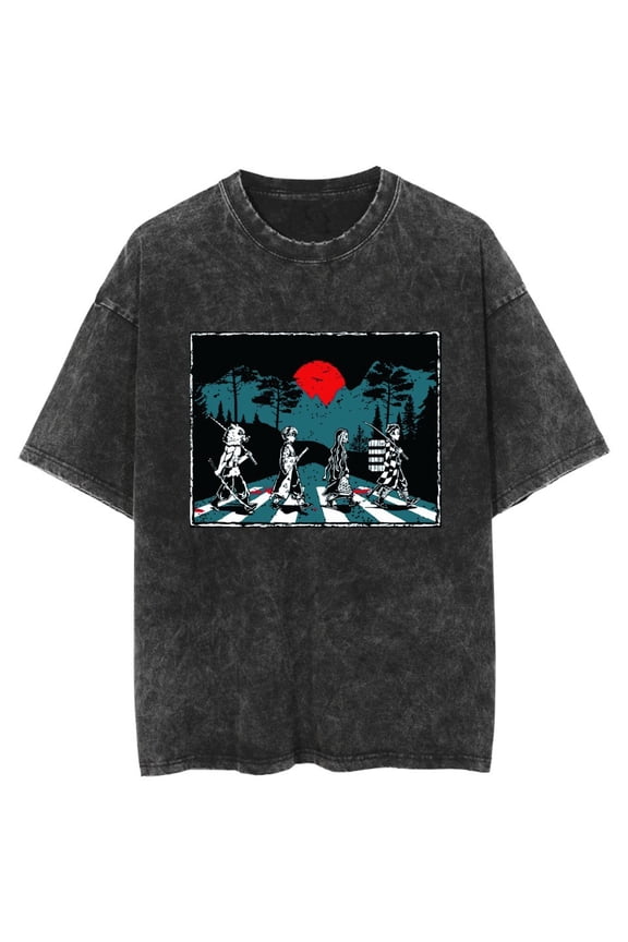 Washed Japanese retro anime Demon Slayer couple short-sleeved T-shirts cross-border sourcing