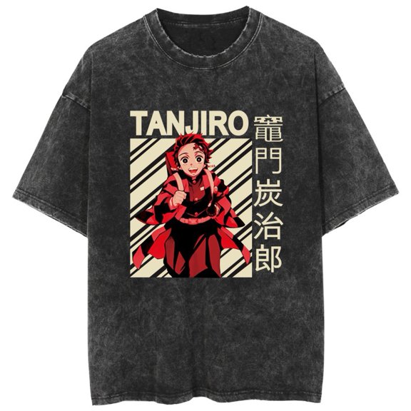 Duoxingbao  Washed Japanese retro anime Demon Slayer couple short-sleeved T-shirts cross-border sourcing