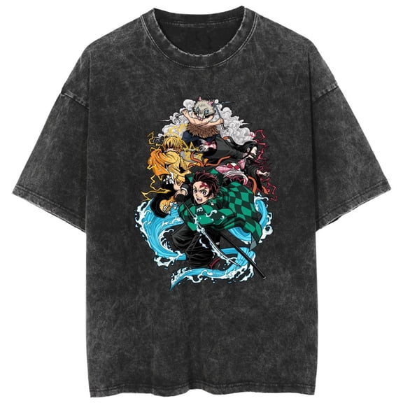 Duoxingbao  Washed Japanese retro anime Demon Slayer couple short-sleeved T-shirts cross-border sourcing