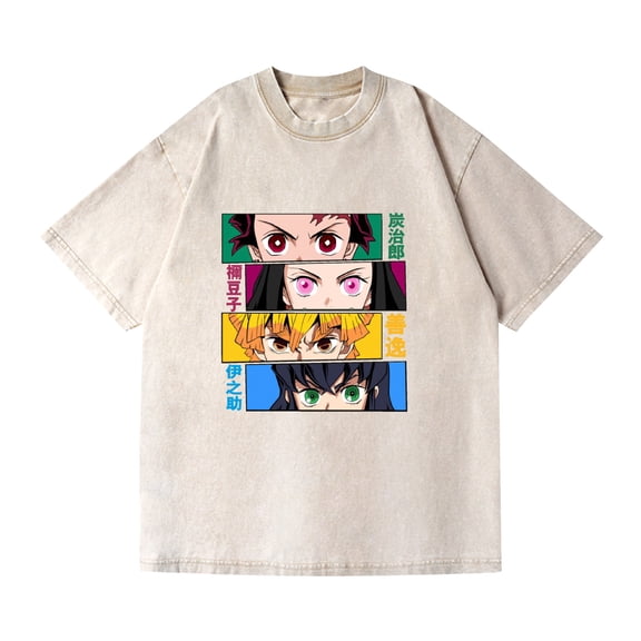 Duoxingbao  Washed Vintage T-shirt Street Hip-Hop Anime Demon Slayer Casual Cotton Summer Short Sleeve