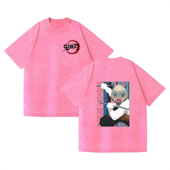 Duoxingbao  Washed Vintage T-shirt Street Hip-Hop Anime Demon Slayer Casual Cotton Summer Short Sleeve