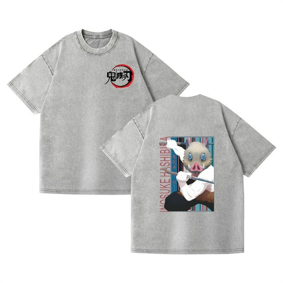 Duoxingbao  Washed Vintage T-shirt Street Hip-Hop Anime Demon Slayer Casual Cotton Summer Short Sleeve