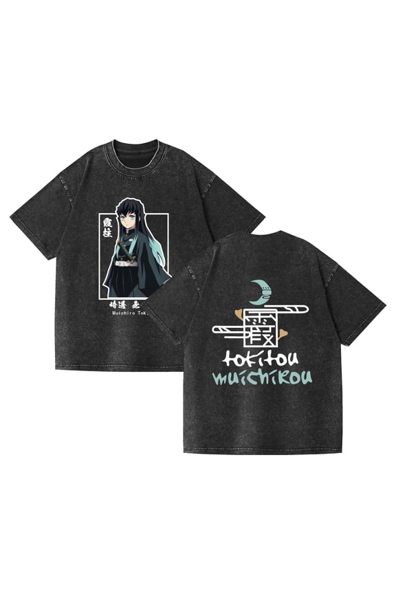 Washed Vintage T-shirt Street Hip-Hop Anime Demon Slayer Casual Cotton Summer Short Sleeve