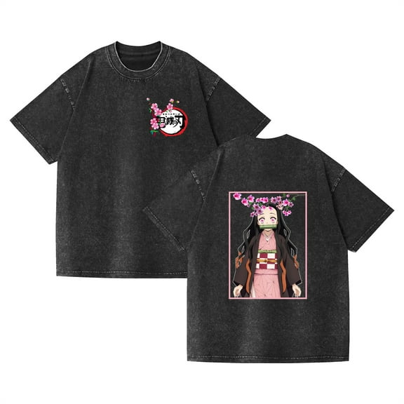 Duoxingbao Washed Vintage T-shirt Street Hip-Hop Anime Demon Slayer Casual Cotton Summer Short Sleeve