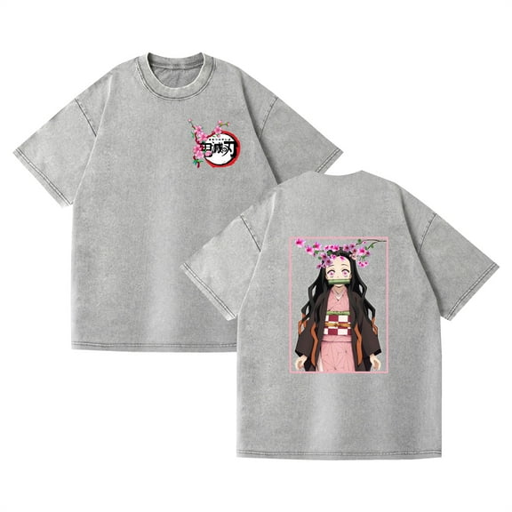 Duoxingbao  Washed Vintage T-shirt Street Hip-Hop Anime Demon Slayer Casual Cotton Summer Short Sleeve