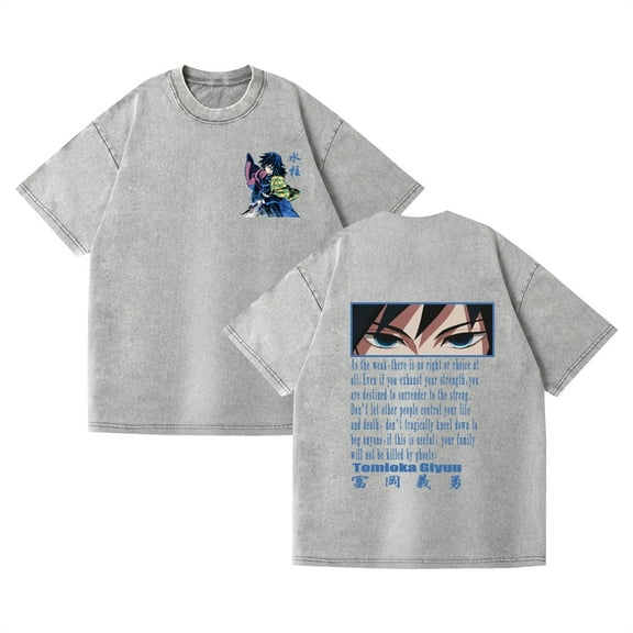 Duoxingbao Washed Vintage T-shirt Street Hip-Hop Anime Demon Slayer Casual Cotton Summer Short Sleeve