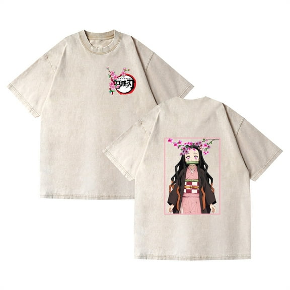 Duoxingbao  Washed Vintage T-shirt Street Hip-Hop Anime Demon Slayer Casual Cotton Summer Short Sleeve
