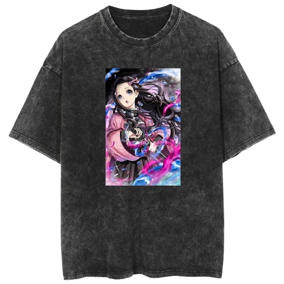 Duoxingbao Washed short-sleeved Demon Slayer print loose-fitting retro T-shirt for men and women.