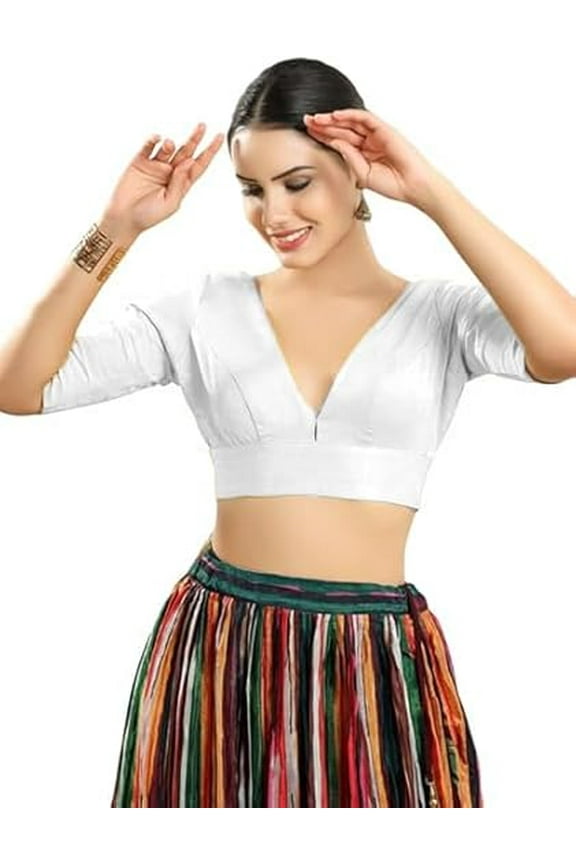 Dupion Silk Solid Non Padded Saree Blouse Top V-Neck Short Sleeves Hook and Eye Closure and Tie-Up Back Choli