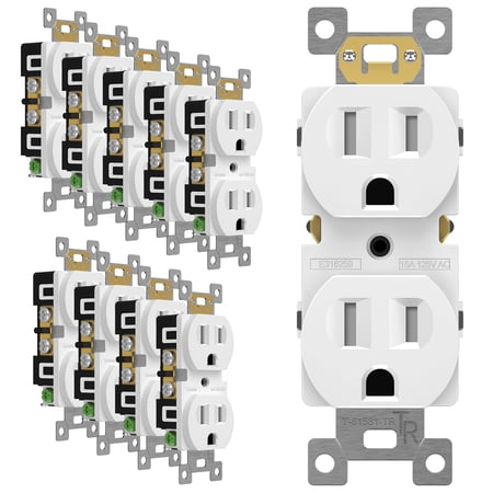 Duplex Receptacle Outlet, Tamper-Resistant Electrical Wall Outlets, Residential Grade, 3-Wire, Self-Grounding, 2-Pole,15A 125V, UL Listed, 61581-TR-W, White, 10 Pack