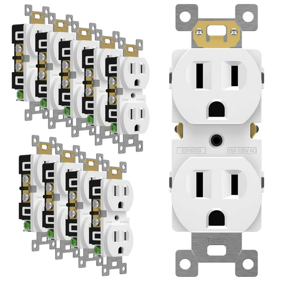 Duplex Recta Outlet, Residential Grade Electrical Wall Outlet, 15A 125V, Self-Grounding, 2-Pole, 3-Wire, UL Lted, 61581-W-10PCS, White (10 Pack)