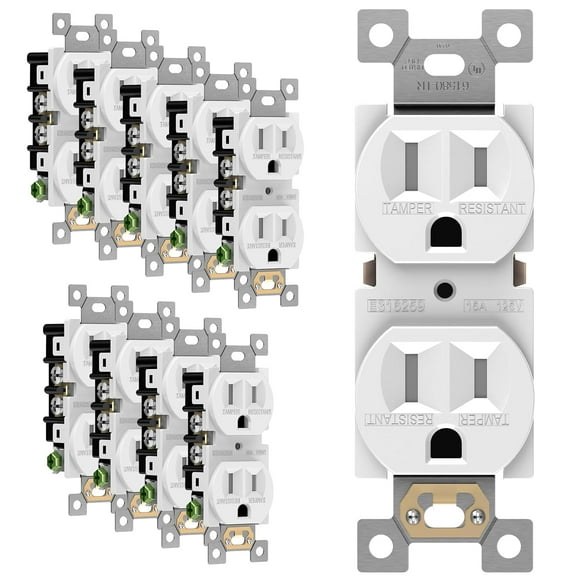 Duplex Recta Outlet, Tamper-Restant Electrical Wall Outlets, Residential Grade, 3-Wire, Self-Grounding, 2-Pole,15A 125V, UL Lted, 61580-TR-W-10PCS, White (10 Pack)