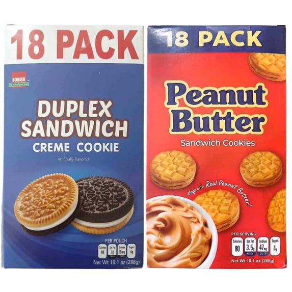 Duplex Sandwich Creme and Peanut Butter Sandwich Cookies 18 Pack Each Box for Breakfast Food Sweet Snacking Home Kitchen Birthday Party Favor Holiday Treats Gift Set of 2 with Snakkpoki