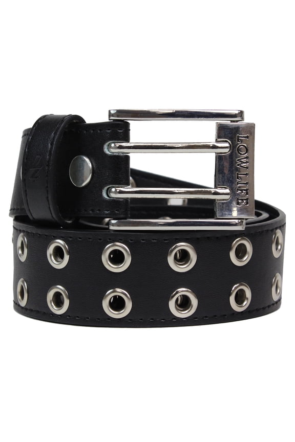 Duplici Vegan Double Eyelet Faux Leather Belt [Black & Silver]