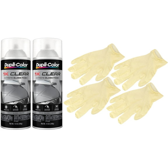 Duplicolor 1K Clear Extreme Gloss Finish Spray Paint (12 oz) Bundle with Latex Gloves