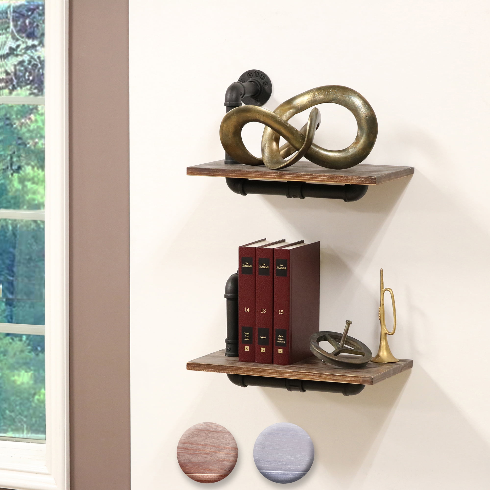 Dupliro Paired Weathered Wood and Black Pipe Wall Shelves (Brown Color)